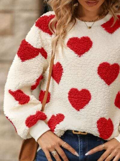 Fuzzy Heart Dropped Shoulder Sweatshirt - Trendsi - Flyclothing LLC