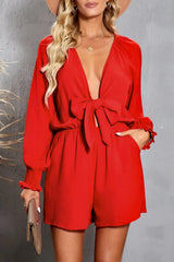 Tied Flounce Sleeve Plunge Romper - Trendsi - Flyclothing LLC
