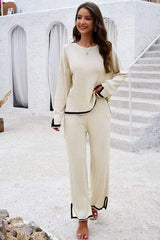 Contrast Trim Round Neck Top and Pants Set - Trendsi - Flyclothing LLC