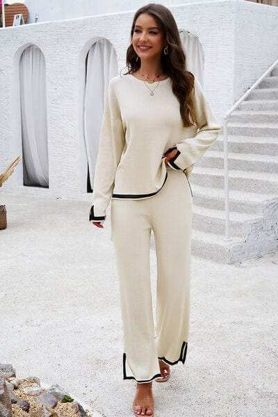 Contrast Trim Round Neck Top and Pants Set - Trendsi - Flyclothing LLC