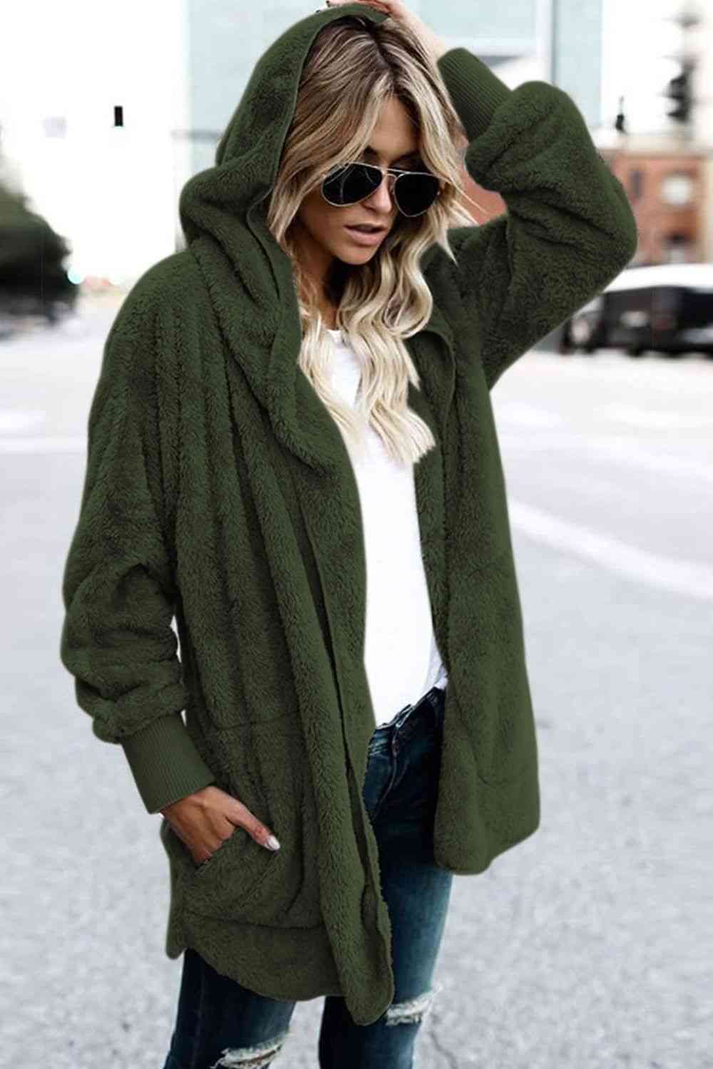 Teddy Hooded Jacket with Pockets - Trendsi - Flyclothing LLC
