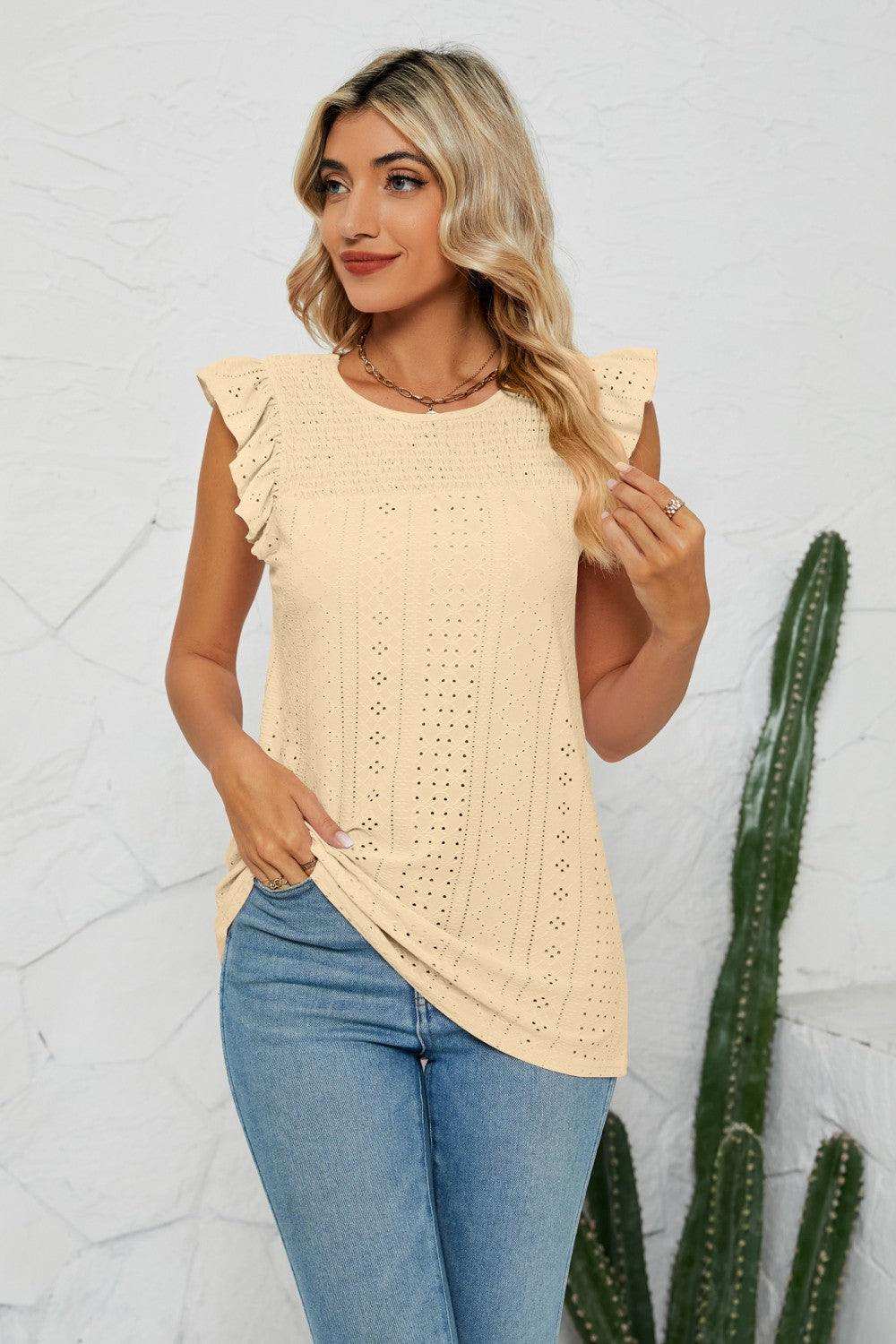Smocked Round Neck Eyelet Top - Trendsi - Flyclothing LLC