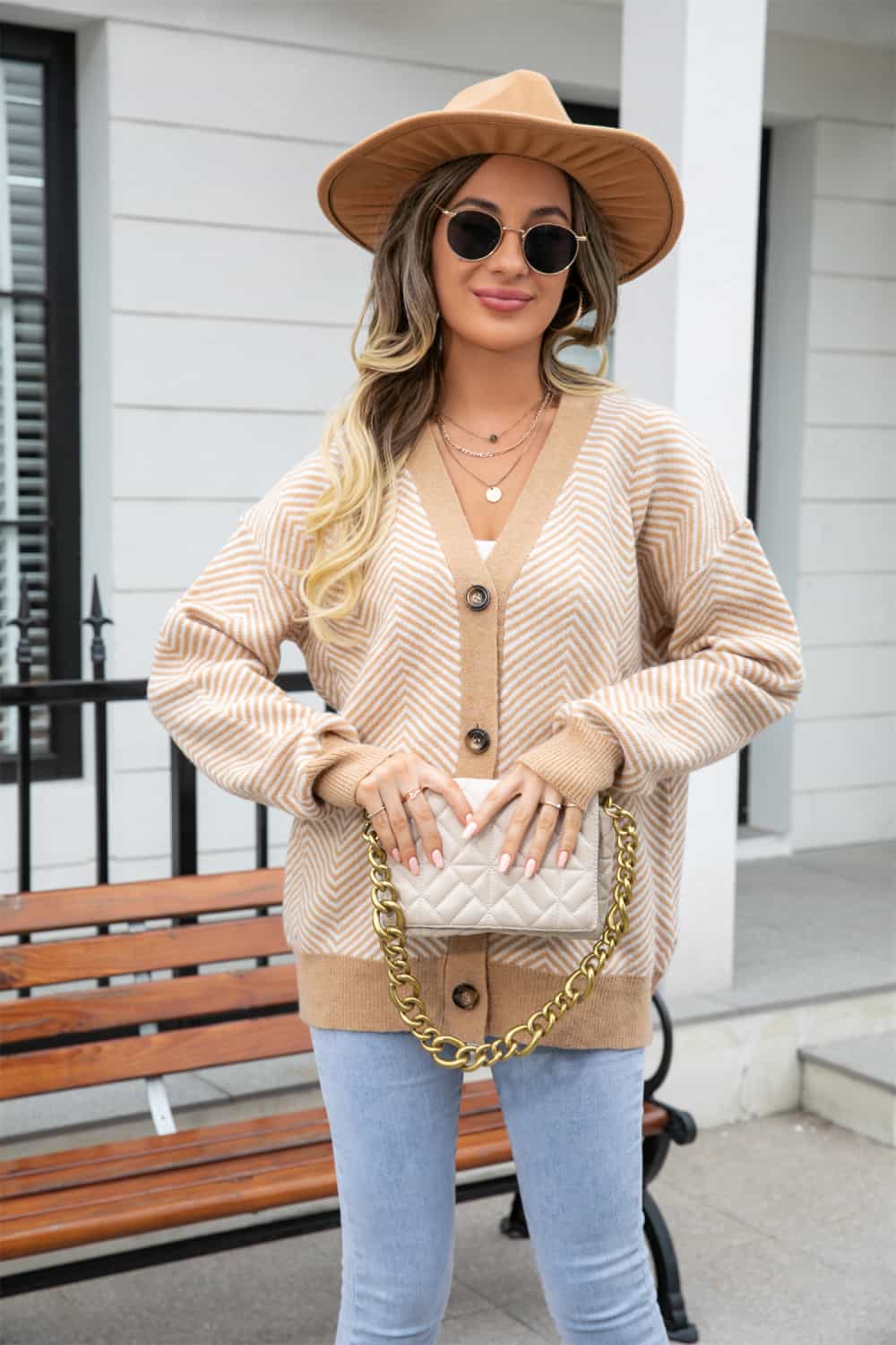 Striped V-Neck Dropped Shoulder Button-Up Cardigan - Trendsi - Flyclothing LLC