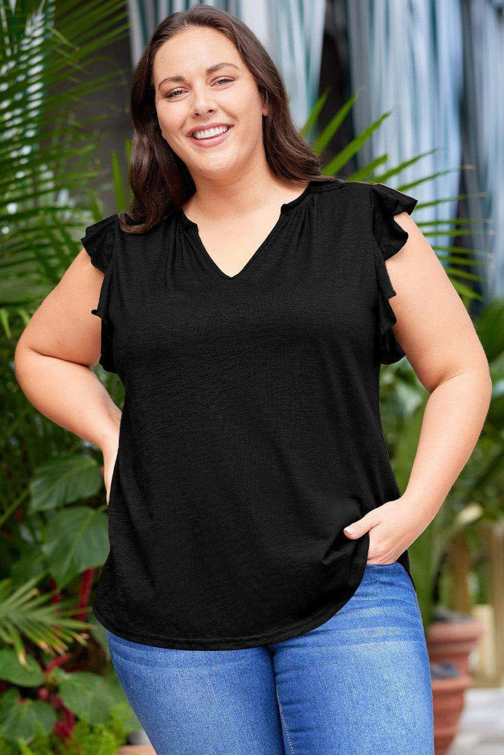 Plus Size Flutter Sleeve Notched Blouse - Trendsi - Flyclothing LLC