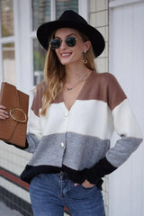 Color Block V-Neck Button Down Cardigan - Trendsi - Flyclothing LLC