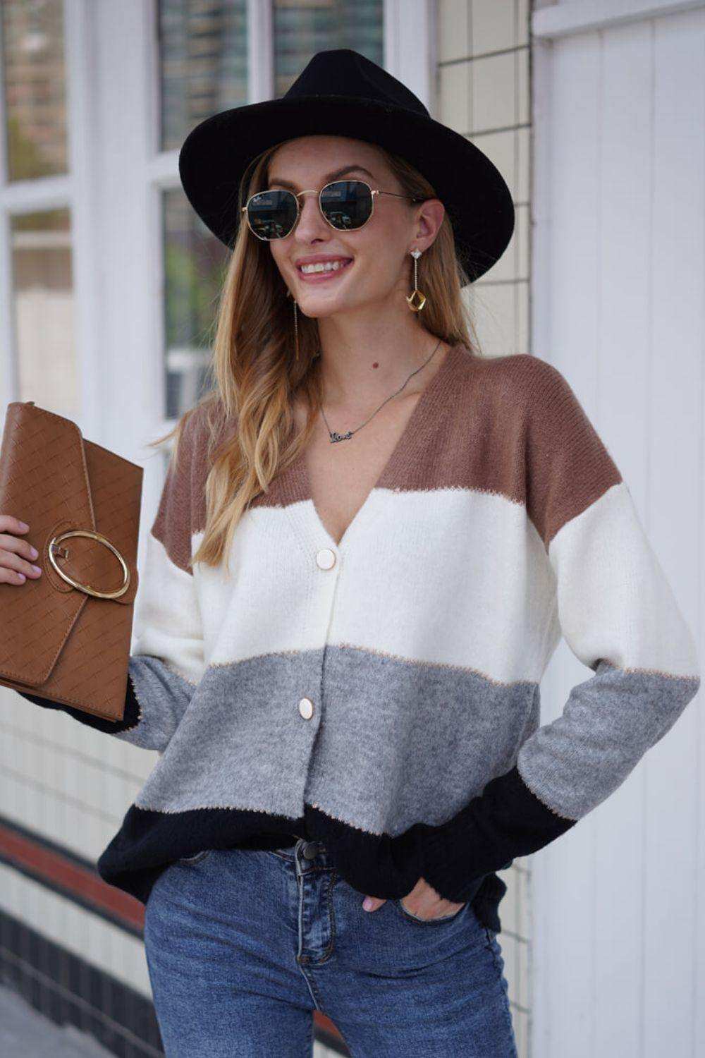 Color Block V-Neck Button Down Cardigan - Trendsi - Flyclothing LLC