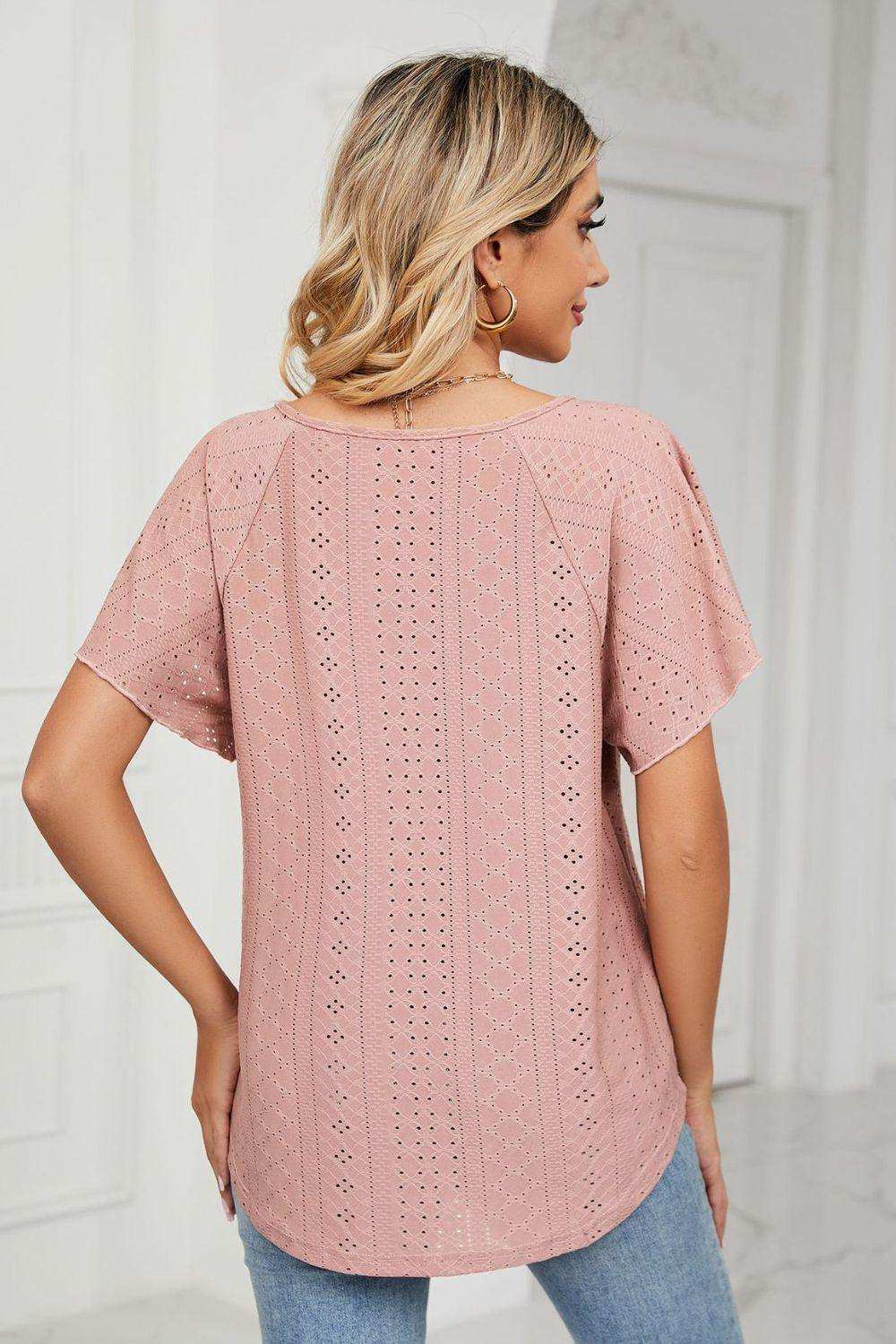 Eyelet Tie-Neck Flutter Sleeve Top - Trendsi - Flyclothing LLC