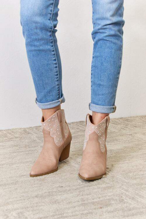 East Lion Corp Rhinestone Ankle Cowgirl Booties - Trendsi - Flyclothing LLC