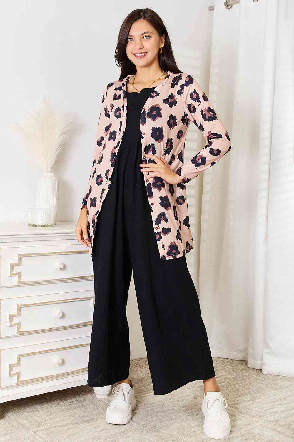 Double Take Printed Button Front Longline Cardigan - Trendsi - Flyclothing LLC
