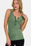 Zenana Washed Ribbed Half Snap Henry Tank - Trendsi - Flyclothing LLC