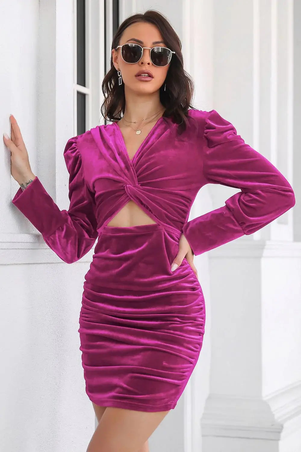 Twist Front Cutout Long Sleeve Dress - Trendsi - Flyclothing LLC