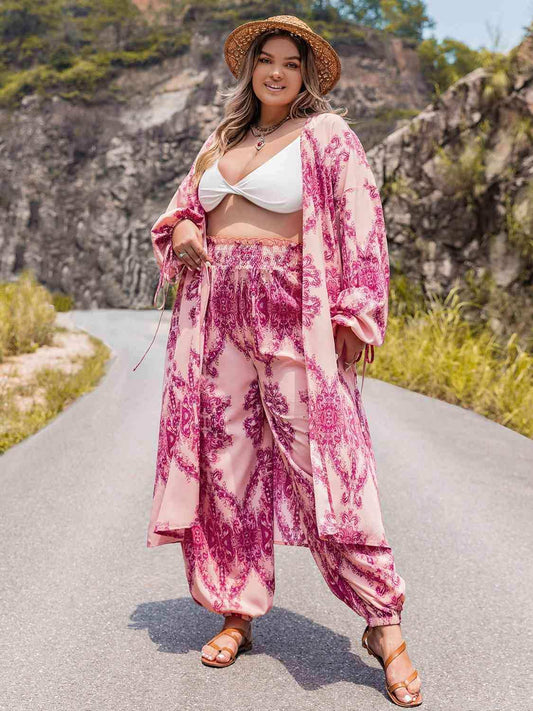 Plus Size Open Front Cardigan and Pants Set - Trendsi - Flyclothing LLC