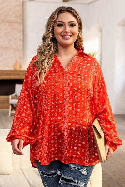 Plus Size Printed Johnny Collar Long Sleeve Blouse - Trendsi - Flyclothing LLC