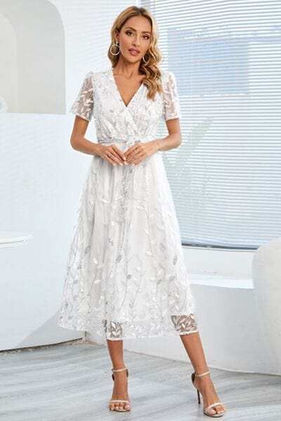 Sequin Leaf Embroidery Tie Front Short Sleeve Dress - Trendsi - Flyclothing LLC