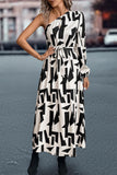 Printed One-Shoulder Tie Waist Dress - Trendsi