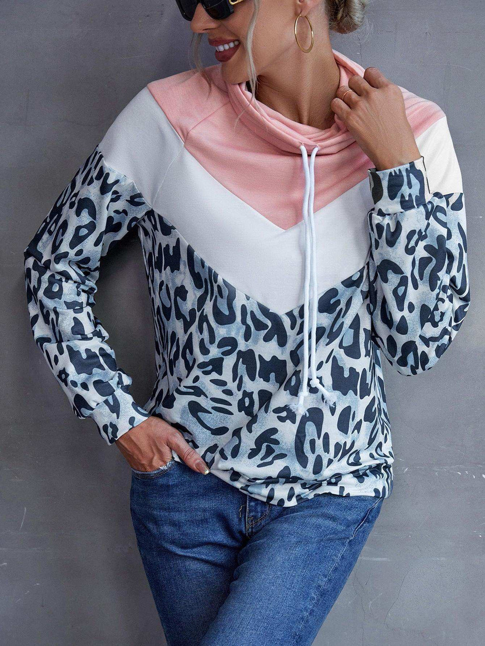 Leopard Color Block Drawstring Sweatshirt - Trendsi - Flyclothing LLC