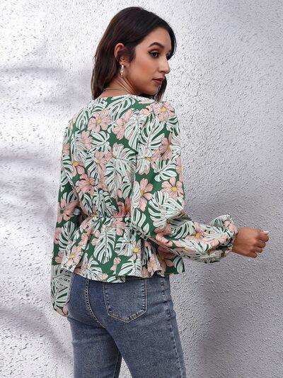 Floral V-Neck Balloon Sleeve Peplum Blouse - Trendsi - Flyclothing LLC