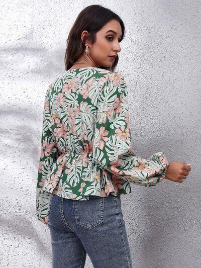 Floral V-Neck Balloon Sleeve Peplum Blouse - Trendsi