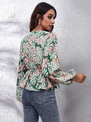 Floral V-Neck Balloon Sleeve Peplum Blouse - Trendsi