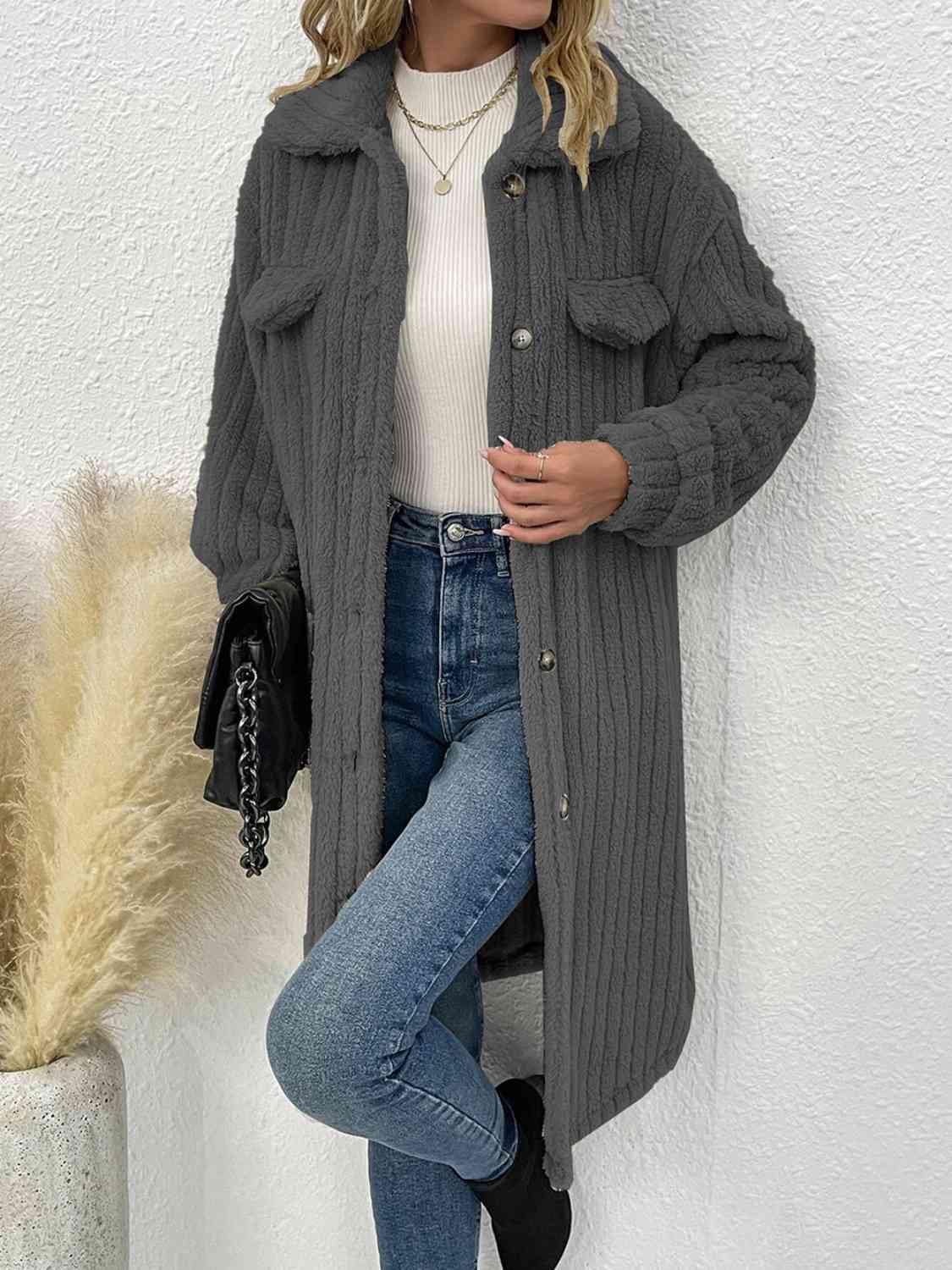 Collared Neck Drop Shoulder Coat - Trendsi