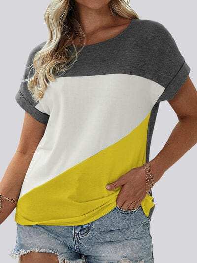 Color Block Round Neck Short Sleeve T-Shirt - Trendsi - Flyclothing LLC