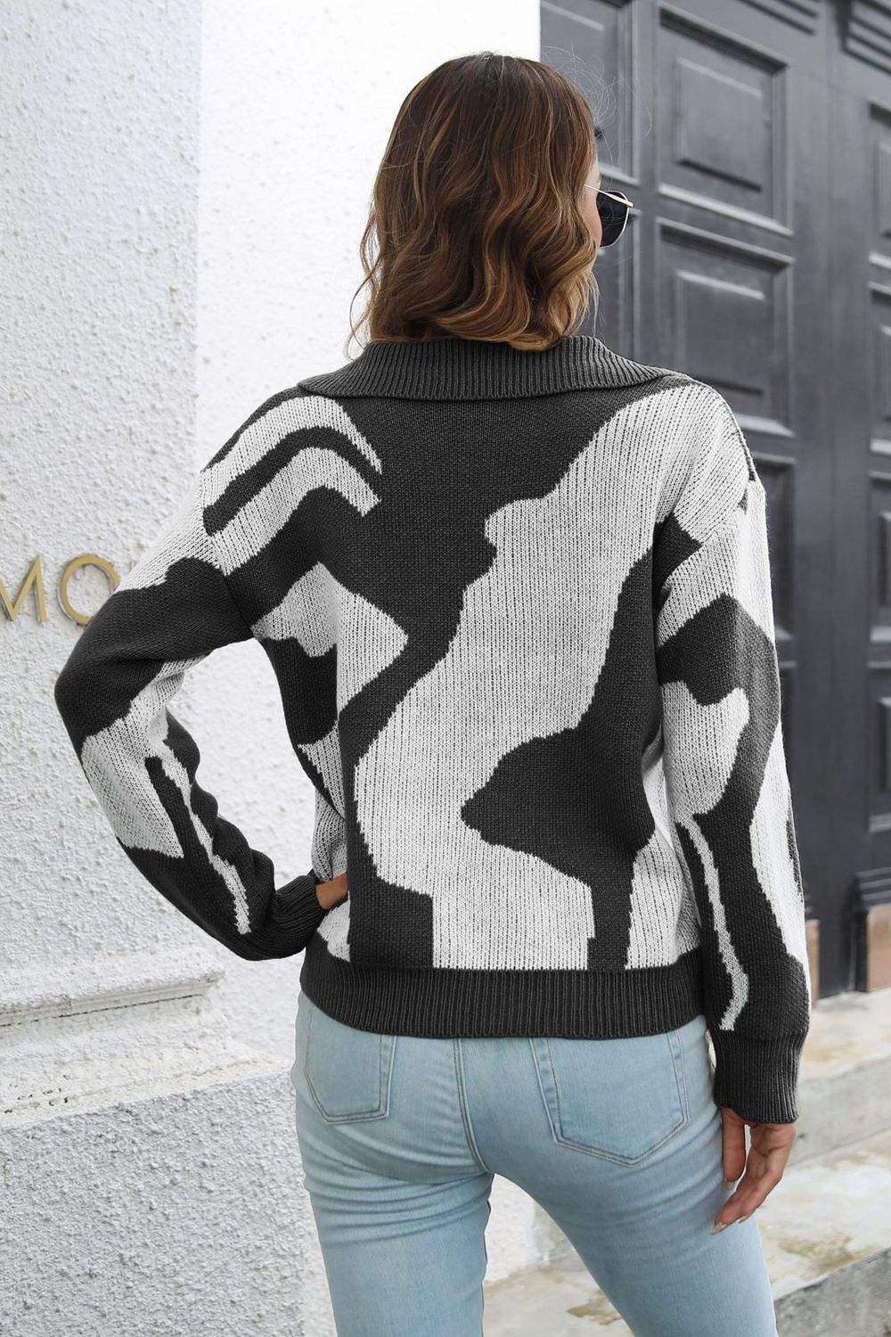 Two-Tone Johnny Collar Dropped Shoulder Pullover Sweater - Trendsi - Flyclothing LLC