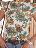 Printed Butterfly Sleeve Keyhole Blouse - Trendsi