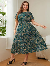 Plus Size Floral Round Neck Short Sleeve Midi Dress - Trendsi - Flyclothing LLC