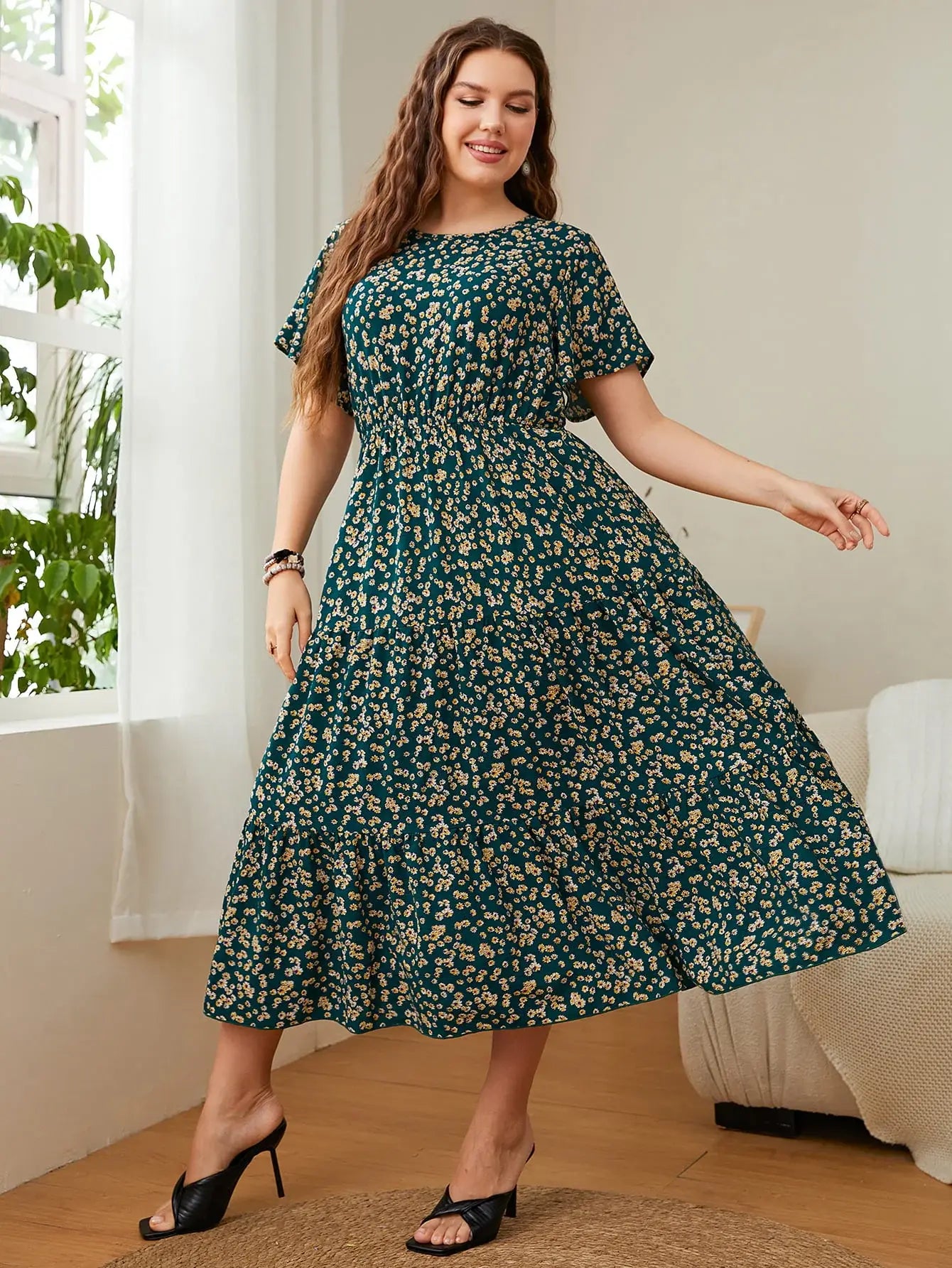 Plus Size Floral Round Neck Short Sleeve Midi Dress - Trendsi - Flyclothing LLC