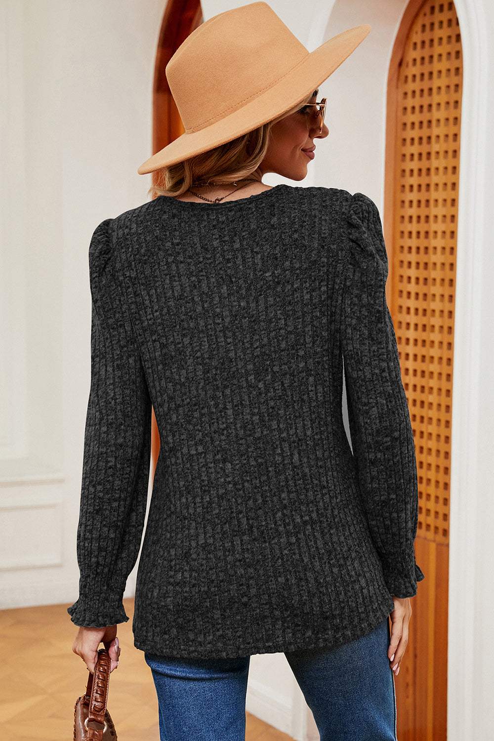 Square Neck Flounce Sleeve T-Shirt - Trendsi - Flyclothing LLC