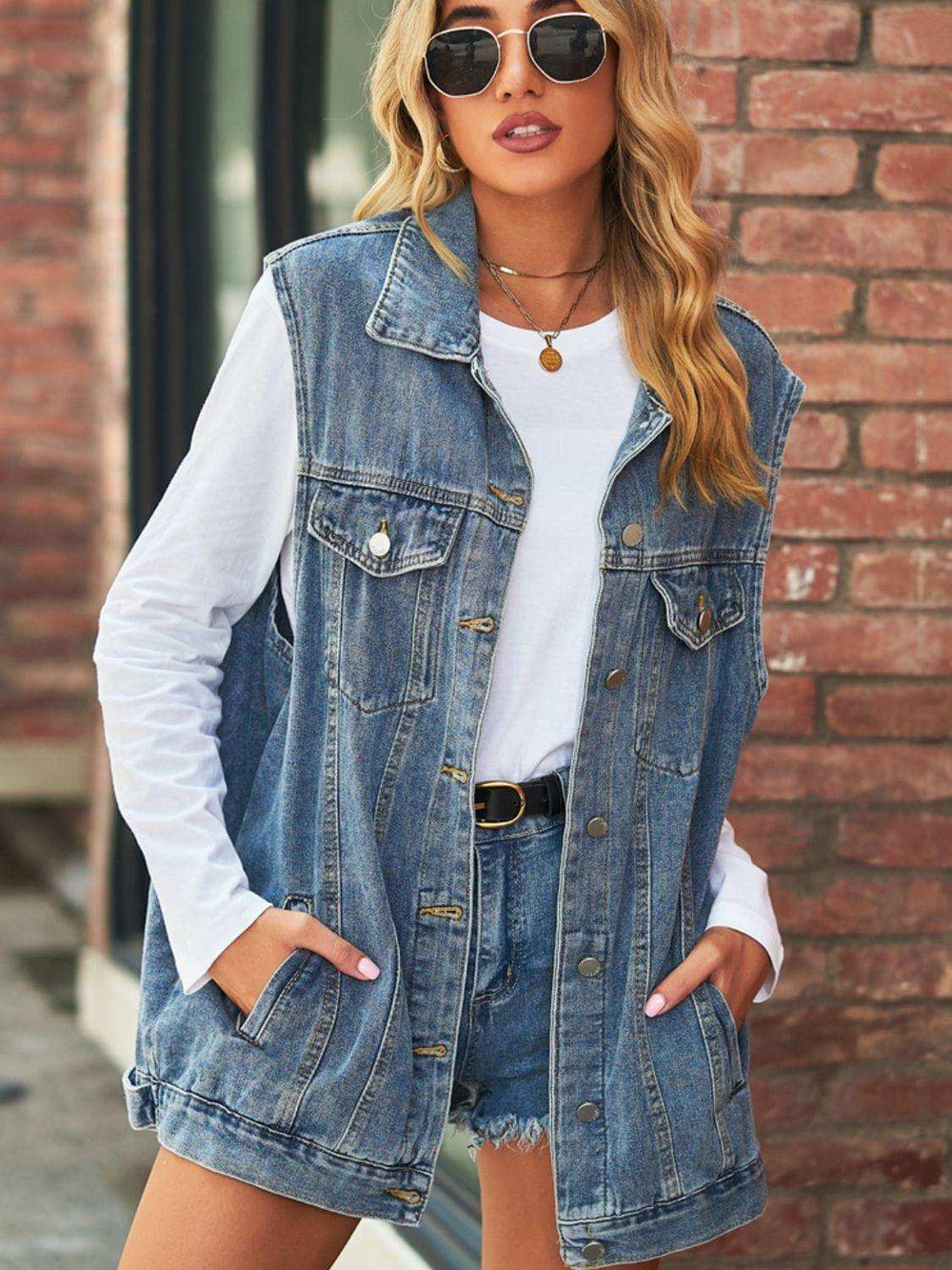 Collared Neck Sleeveless Denim Top with Pockets - Trendsi - Flyclothing LLC