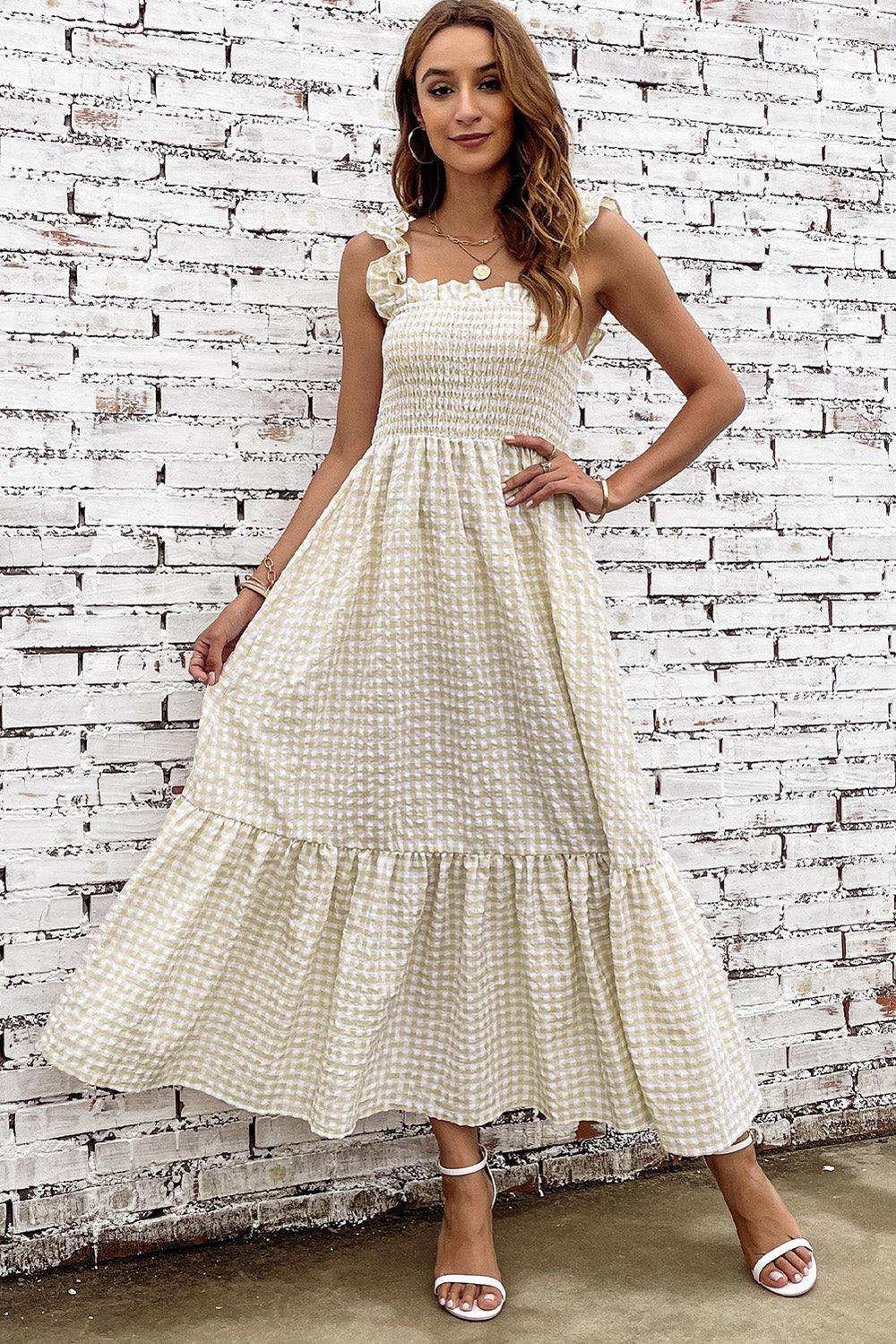 Plaid Ruffle Strap Square Neck Dress - Trendsi - Flyclothing LLC