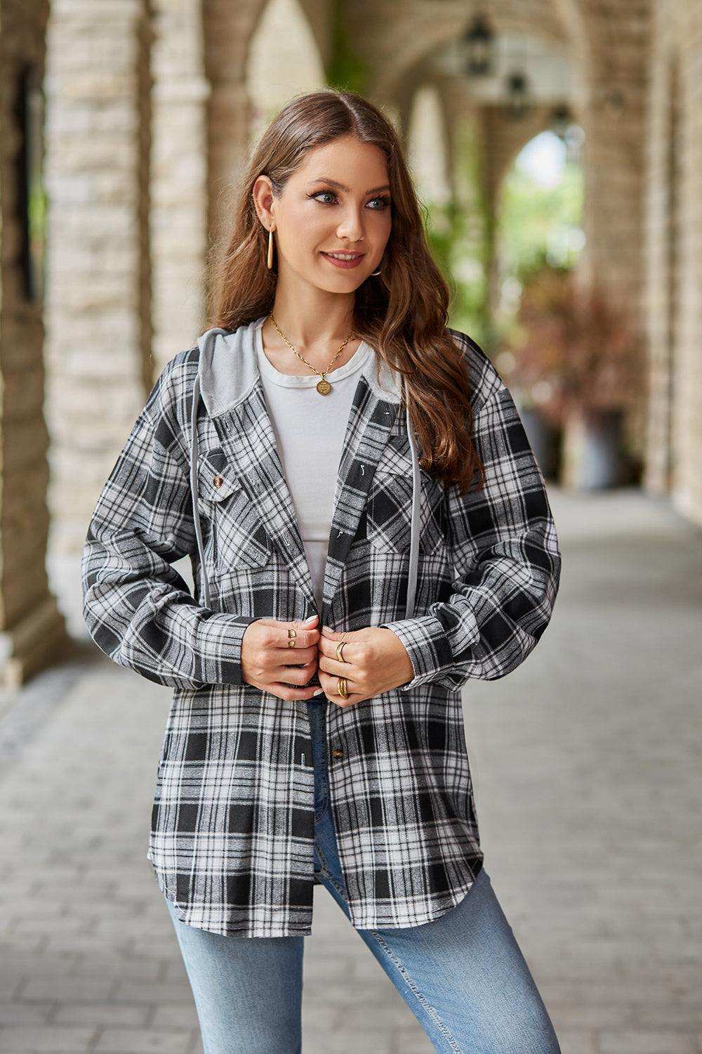Plaid Long Sleeve Hooded Jacket - Trendsi - Flyclothing LLC