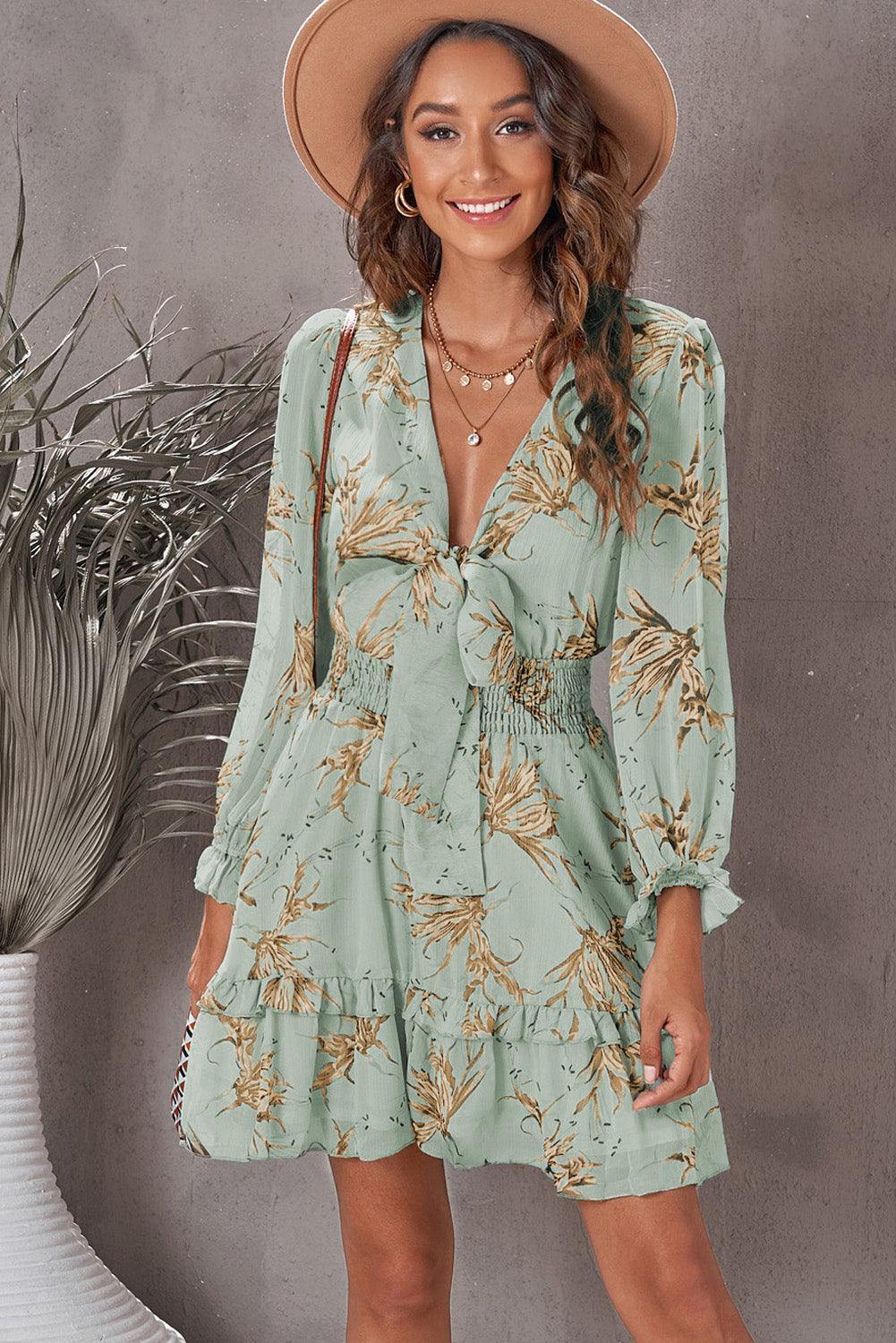 Floral Deep V Flounce Sleeve Mini Dress - Trendsi
