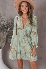 Floral Deep V Flounce Sleeve Mini Dress - Trendsi