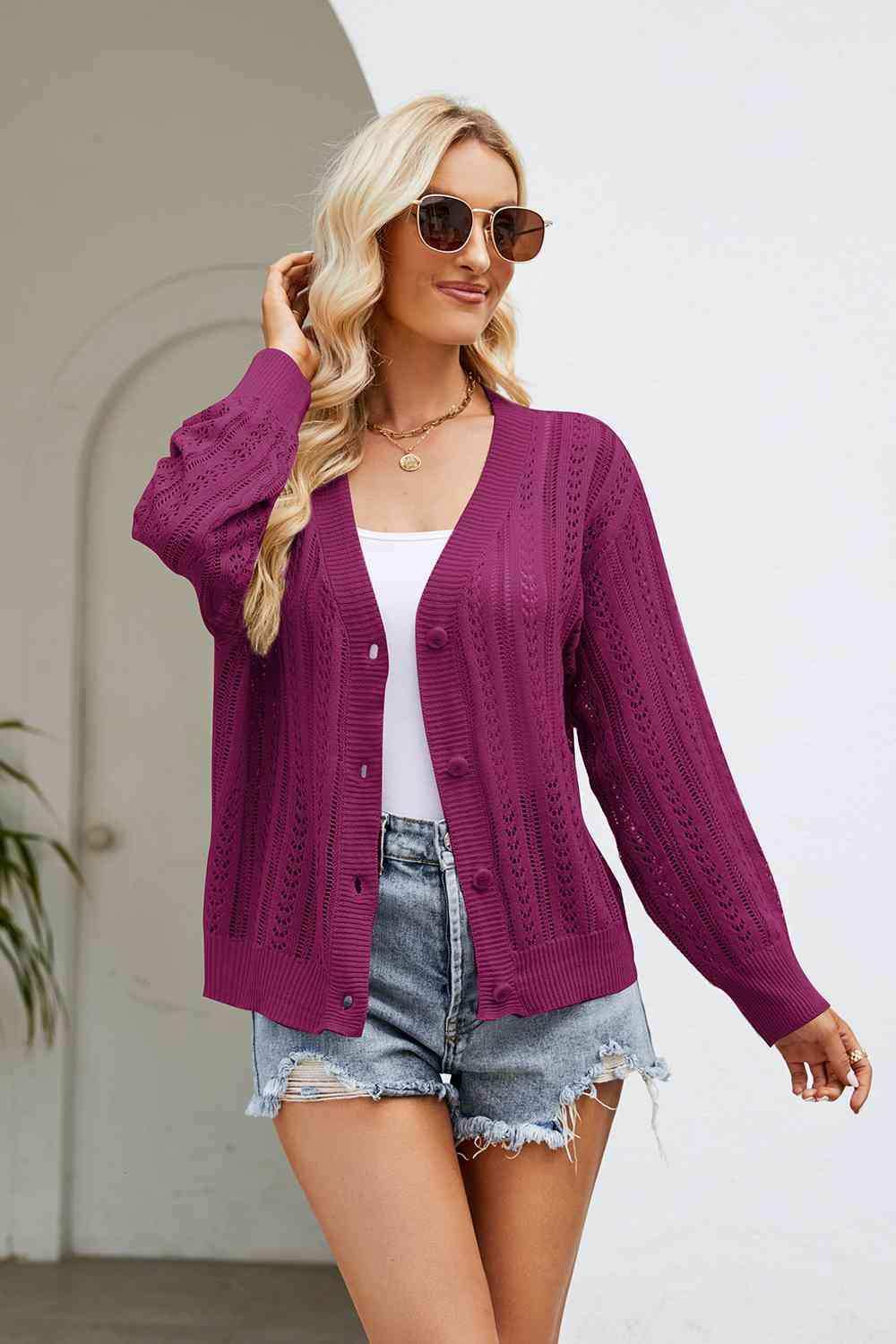 Openwork Button Front V-Neck Cardigan - Trendsi - Flyclothing LLC