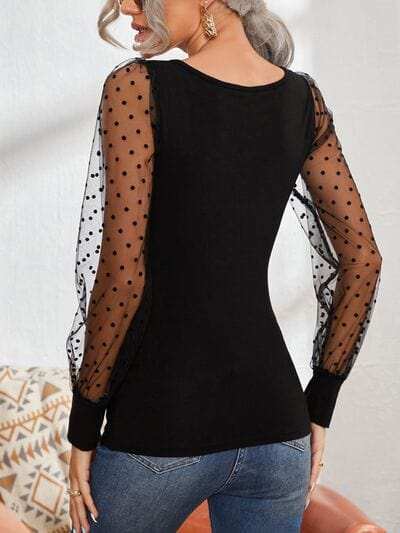 Square Neck Polka Dot Long Sleeve T-Shirt - Trendsi - Flyclothing LLC
