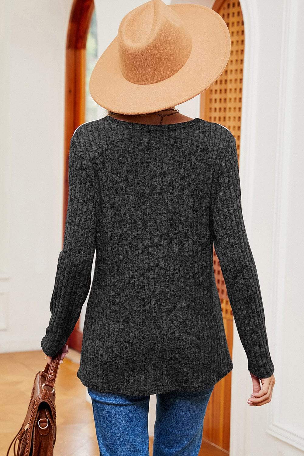 Eyelet Ribbed Round Neck Long Sleeve T-Shirt - Trendsi - Flyclothing LLC