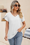 Eyelet V-Neck Petal Sleeve T-Shirt - Trendsi - Flyclothing LLC