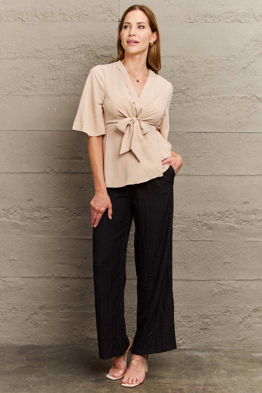 V-Neck Tie Front Half Sleeve Blouse - Trendsi - Flyclothing LLC