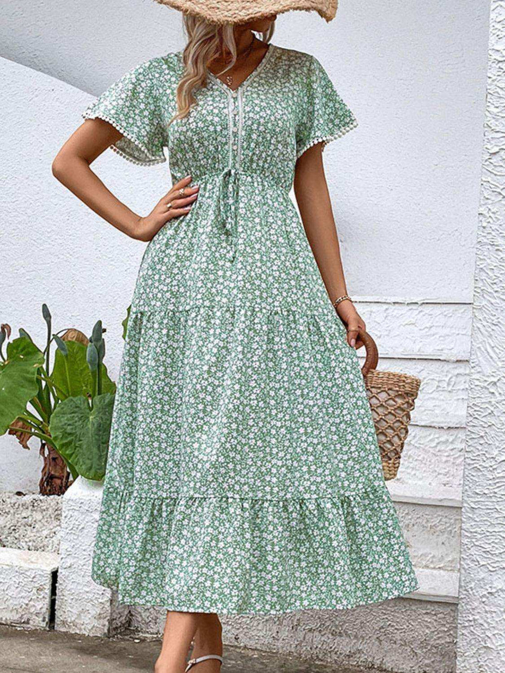 Ditsy Floral V-Neck Tiered Dress - Trendsi - Flyclothing LLC