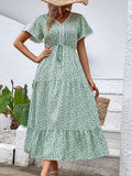 Ditsy Floral V-Neck Tiered Dress - Trendsi