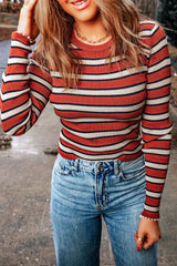 Striped Round Neck Long Sleeve Top - Trendsi - Flyclothing LLC