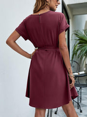 Belted Round Neck Curved Hem Dress - Trendsi