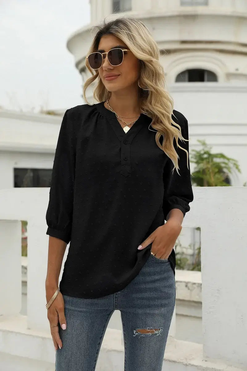 Swiss Dot Notched Neck Three-Quarter Sleeve Blouse - Trendsi - Flyclothing LLC