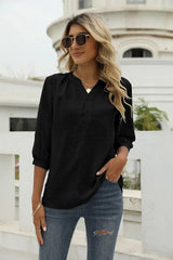 Swiss Dot Notched Neck Three-Quarter Sleeve Blouse - Trendsi - Flyclothing LLC