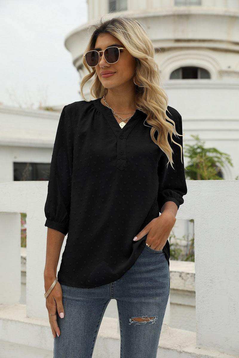 Swiss Dot Notched Neck Three-Quarter Sleeve Blouse - Trendsi - Flyclothing LLC