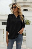 Swiss Dot Notched Neck Three-Quarter Sleeve Blouse - Trendsi - Flyclothing LLC