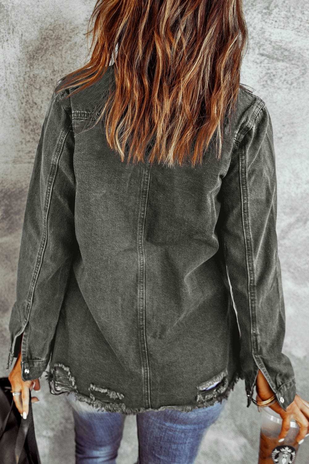 Distressed Raw Hem Snap Down Denim Jacket - Trendsi - Flyclothing LLC