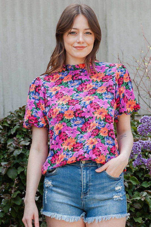 Floral Print Puff Sleeve Round Neck Blouse - Trendsi - Flyclothing LLC